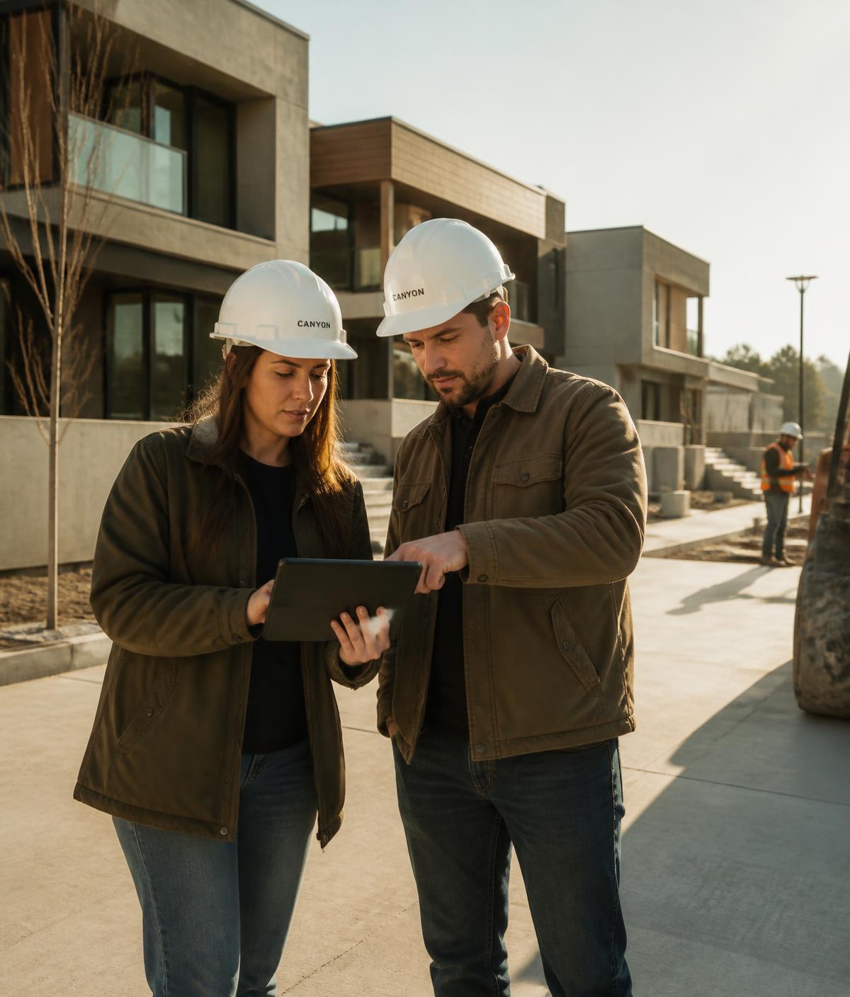 Two people in hard hats reviewing plans on a tablet during a site walk at a modern development